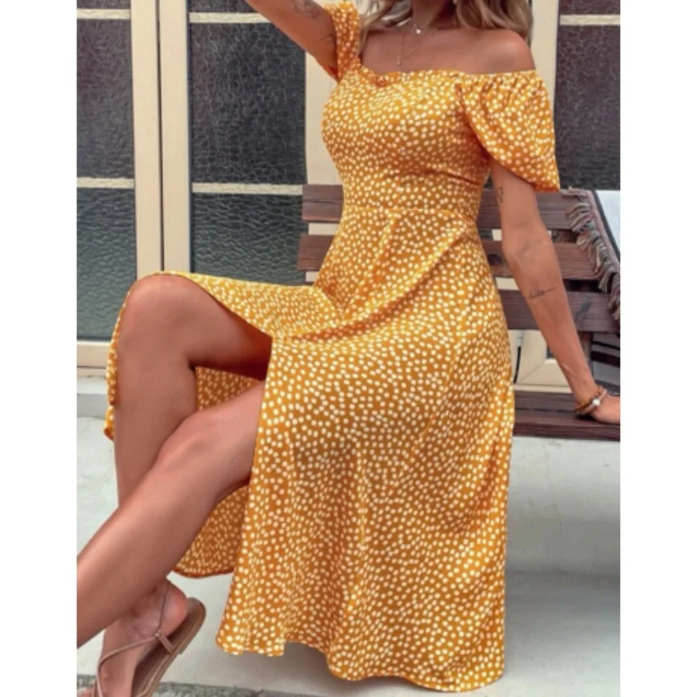 Boho polka dots puff sleeve slit thigh dress - Picture 11 of 16